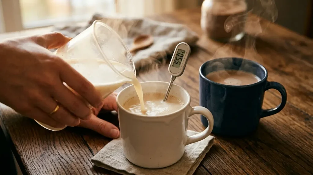Warme Flüssigkeit wird vorsichtig zu aufgelöstem Proteinpulver in einer weißen Tasse gegossen, Thermometer zeigt 55°C