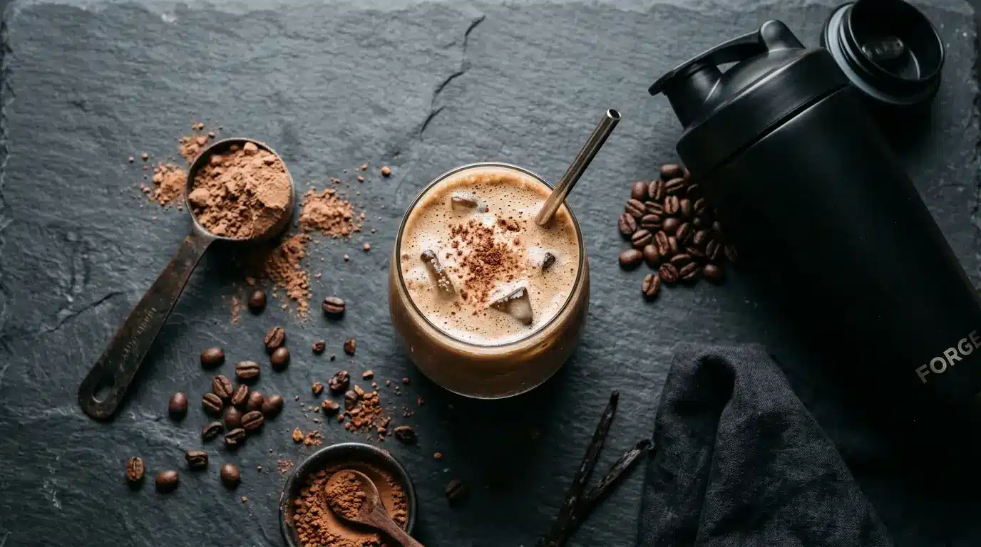 Fertiger ESN Flexpresso Proteinkaffee im Glas mit Kaffeebohnen und Messlöffel auf dunklem Untergrund