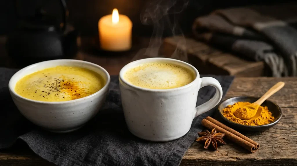 Goldene Hafermilch mit Kurkuma in weißer Tasse, mit Zimt und Sternanis dekoriert