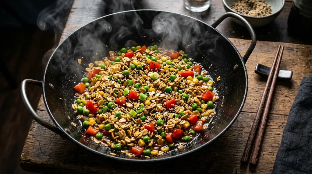 Asiatische Hafer-Gemüsepfanne mit Paprika, Erbsen, Frühlingszwiebeln und Sesamöl im Wok