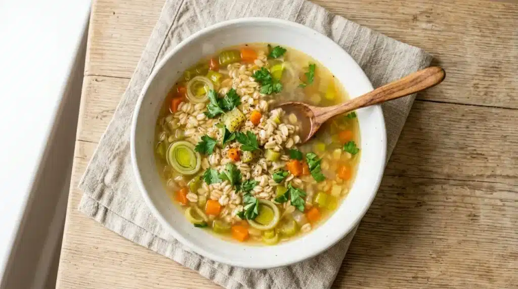 Leichte Hafer-Gemüse-Suppe mit Möhre, Lauch und Petersilie in weißem Suppenteller