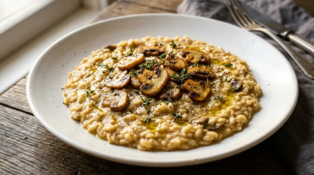 Cremiges Hafer-Risotto mit gebratenen Champignons und frischem Thymian auf weißem Teller