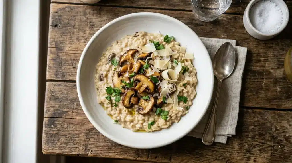 Cremiges Hafer-Risotto mit gebratenen Champignons und Parmesan in einem weißen Keramikschälchen