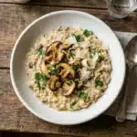 Cremiges Hafer-Risotto mit gebratenen Champignons und Parmesan in einem weißen Keramikschälchen