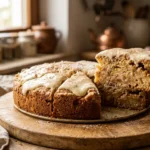 Angeschnittener Apfelkuchen mit Schmandguss auf einem Holzbrett, Henssler Schnelle Nummer Rezept