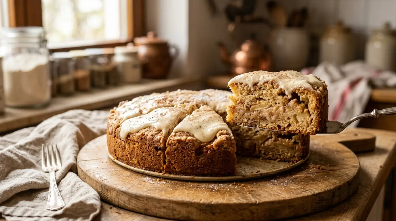 Angeschnittener Apfelkuchen mit Schmandguss auf einem Holzbrett, Henssler Schnelle Nummer Rezept