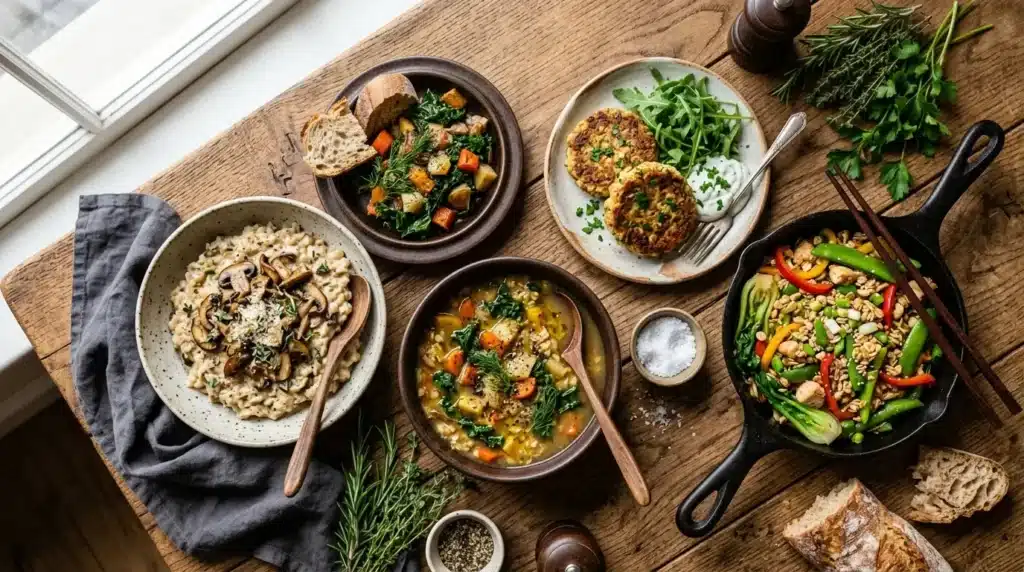 Mehrere herzhafte Hafergerichte von oben auf rustikalem Holztisch – Hafer-Risotto, Hafer-Suppe, Bratlinge und asiatische Pfanne
