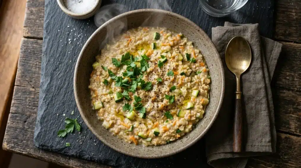 Herzhafter Haferbrei mit Zucchini, Möhre und Petersilie in einer Keramikschüssel