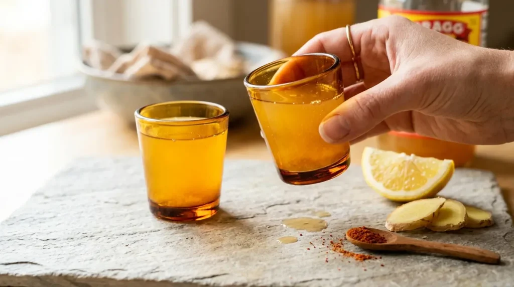 Zwei goldene Ingwer-Apfelessig-Shots mit Zitrone und Cayennepfeffer