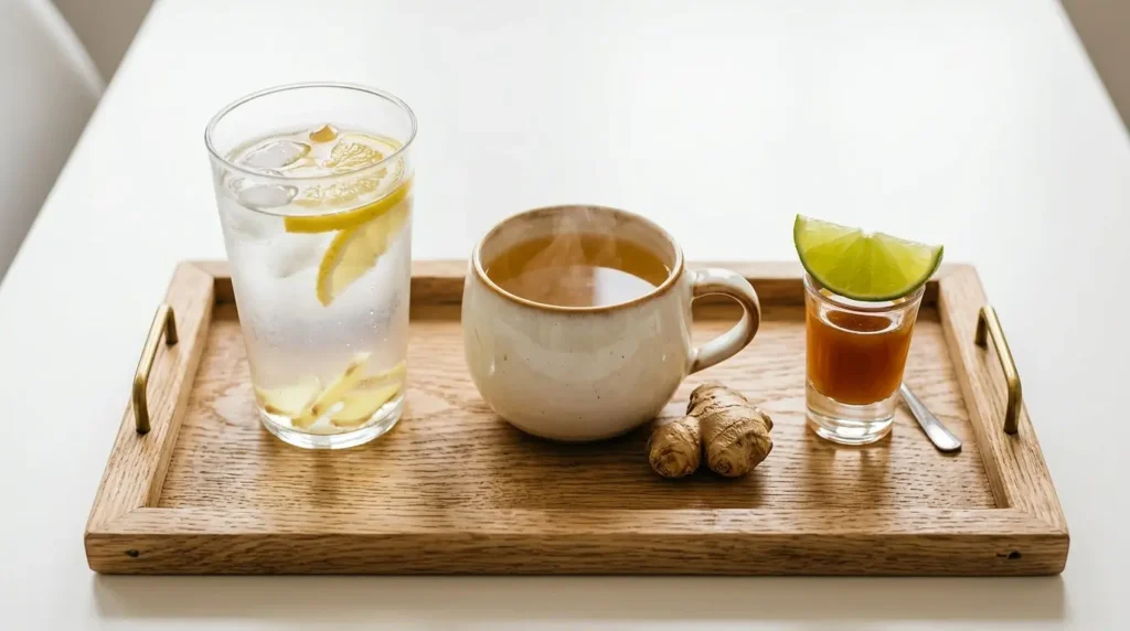 Drei Ingwergetränke nebeneinander: Ingwerwasser, Ingwertee und konzentrierter Ingwer-Shot