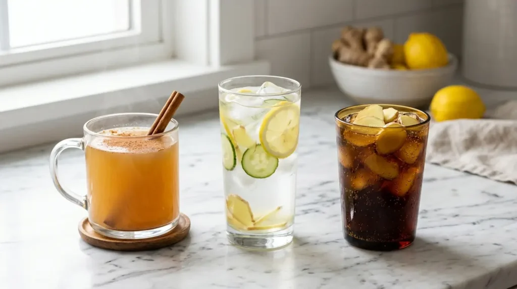Ingwer-Zimt-Drink, Ingwer-Zitronen-Wasser und Ingwer-Cola nebeneinander auf Marmor