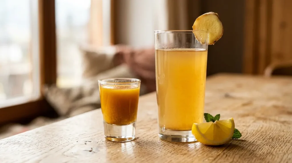 Ingwer-Shot und Glas Ingwerwasser mit Zitrone nebeneinander auf einem Holztisch