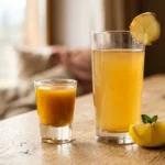 Ingwer-Shot und Glas Ingwerwasser mit Zitrone nebeneinander auf einem Holztisch
