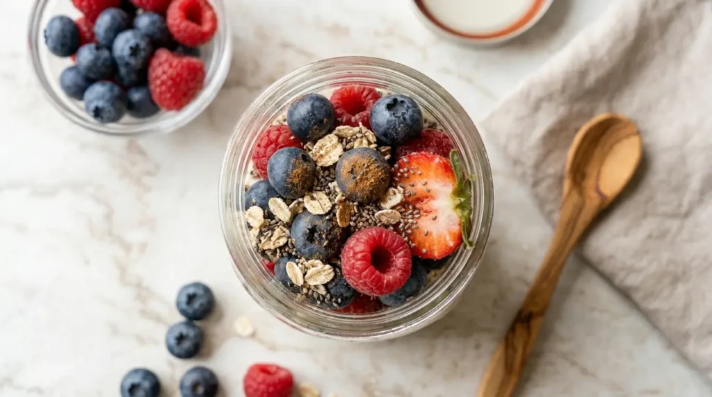 Overnight Oats mit Magerquark und frischen Beeren im Glas – Haferkur Frühstück