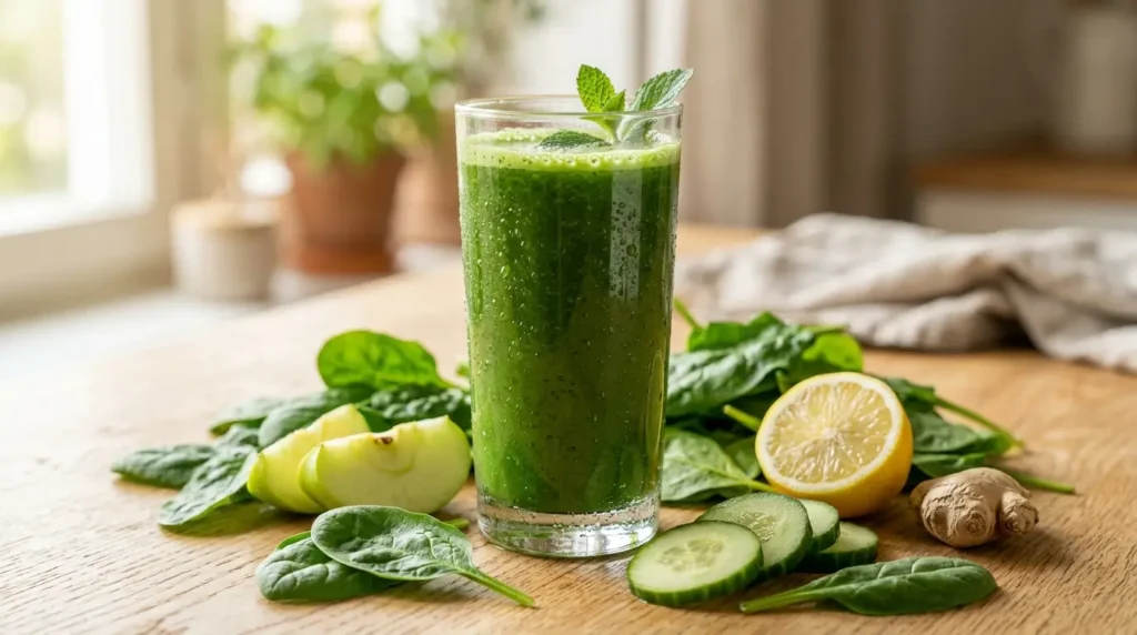 Grüner Spinat-Gurken-Apfelsaft im Glas mit frischen Zutaten im Morgenlicht – Tag 1 Saftkur
