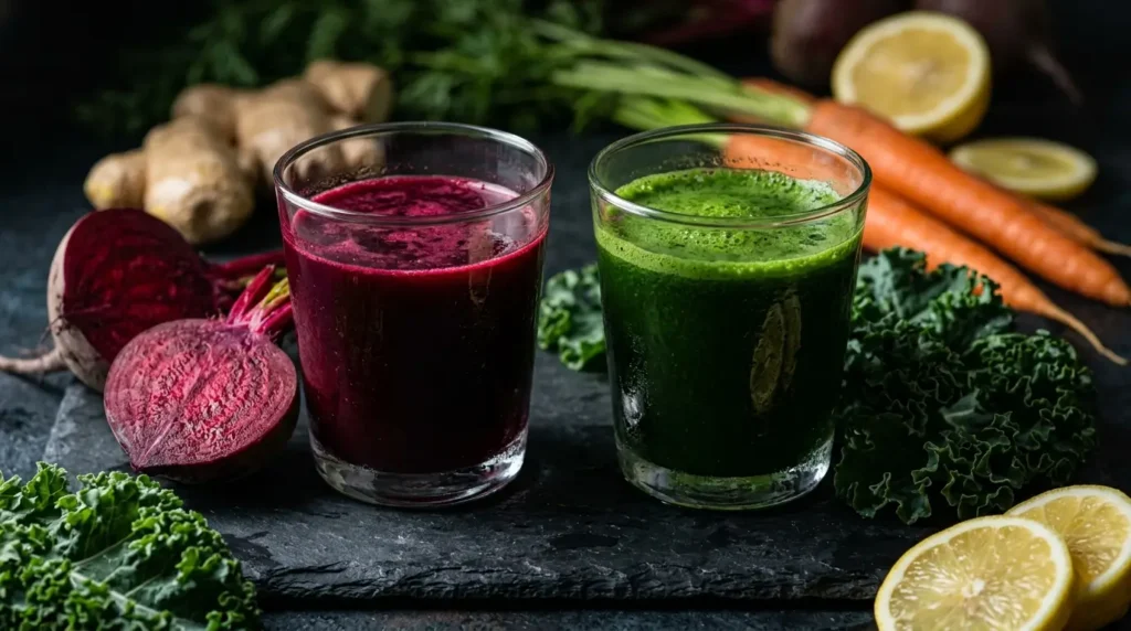 Dunkelroter Rote-Bete-Saft und dunkelgrüner Grünkohlsaft nebeneinander auf Schieferstein – Tag 2 Entgiftung
