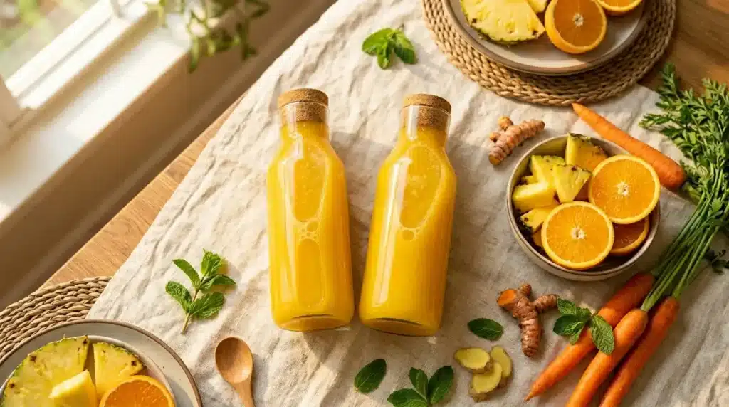 Goldgelber Ananas-Karotten-Saft in Glasflaschen mit frischen Zutaten im Sonnenlicht – Tag 3 Abschluss der Saftkur