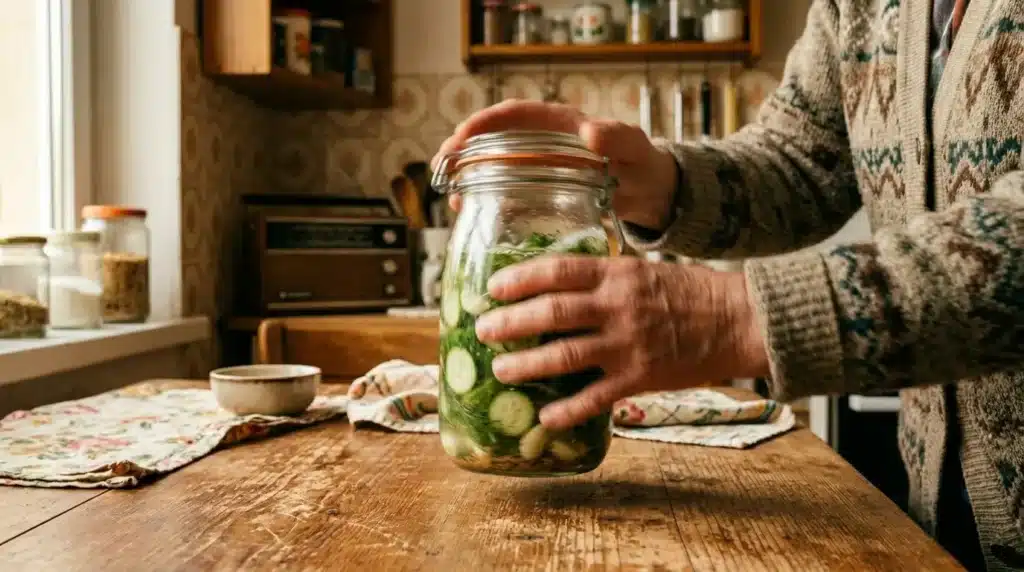 Schraubglas mit Gurkenscheiben und Dill wird kräftig geschüttelt