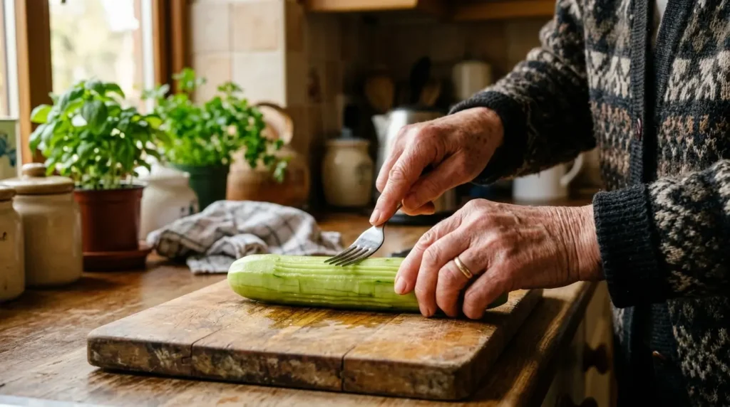 Gabelzinken werden längs über eine geschälte Gurke gezogen, um Rillen einzuarbeiten