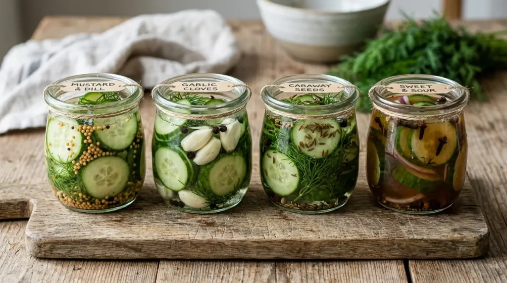 Vier Gläser mit verschiedenen Schüttelgurken-Variationen: Senf, Knoblauch, Kümmel und süß-sauer