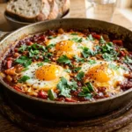 Shakshuka Rezept in einer gusseisernen Pfanne mit vier pochierten Eiern, roter Tomatensauce und frischer Petersilie von oben