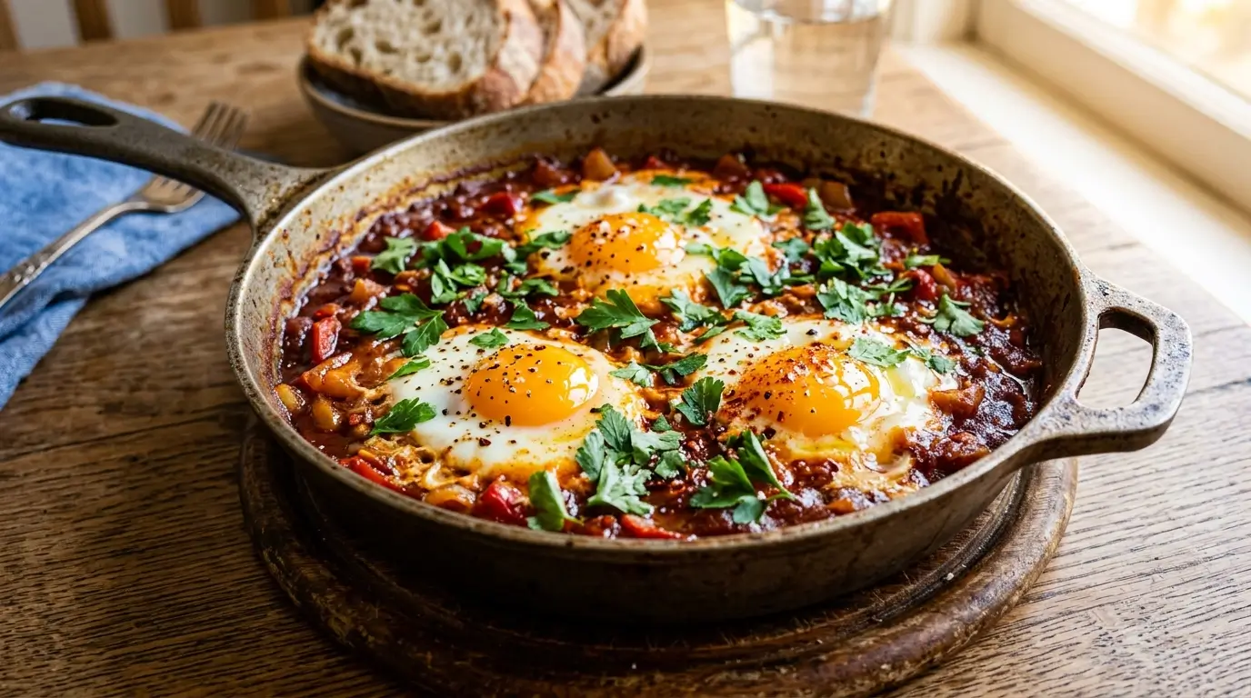 Shakshuka Rezept in einer gusseisernen Pfanne mit vier pochierten Eiern, roter Tomatensauce und frischer Petersilie von oben