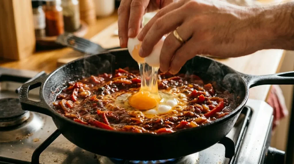 Shakshuka Zubereitung Schritt für Schritt: eine Hand legt ein frisches Ei vorsichtig in eine Mulde der köchelnden roten Tomatensauce