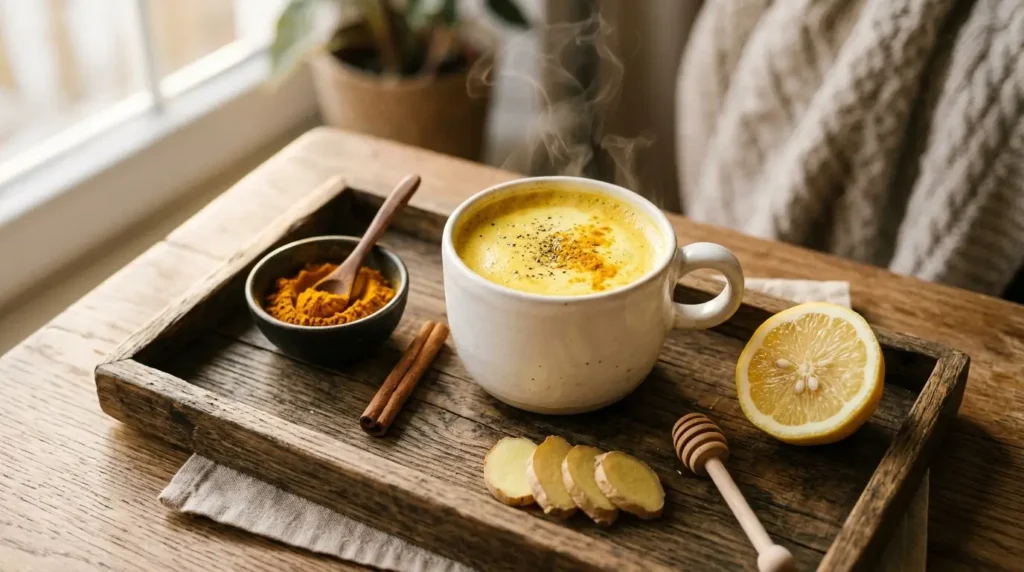 Dampfende Kurkuma-Ingwer-Tasse als warmes Morgengetränk