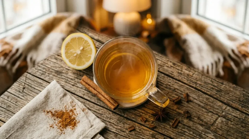 Glas Zimtwasser mit Zimtstange und Zitrone auf Holztisch, Dampf aufsteigend