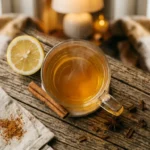 Glas Zimtwasser mit Zimtstange und Zitrone auf Holztisch, Dampf aufsteigend