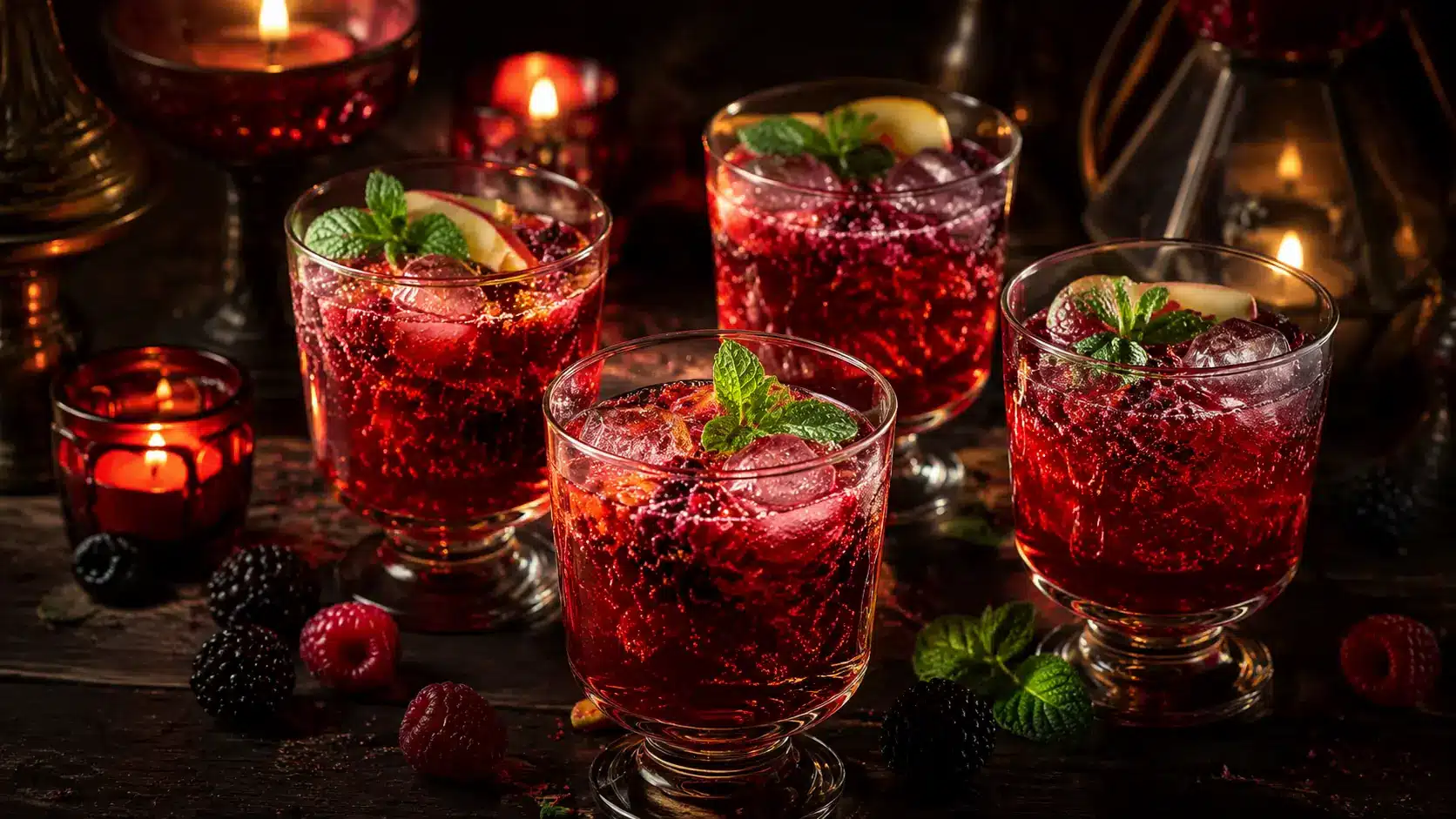 Alkoholfreier roter Beeren-Zaubertrank mit Apfelsaft, Mineralwasser und Minze
