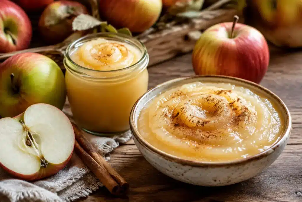 Selbstgemachtes glattes Apfelmus mit frischen Äpfeln und Zimt