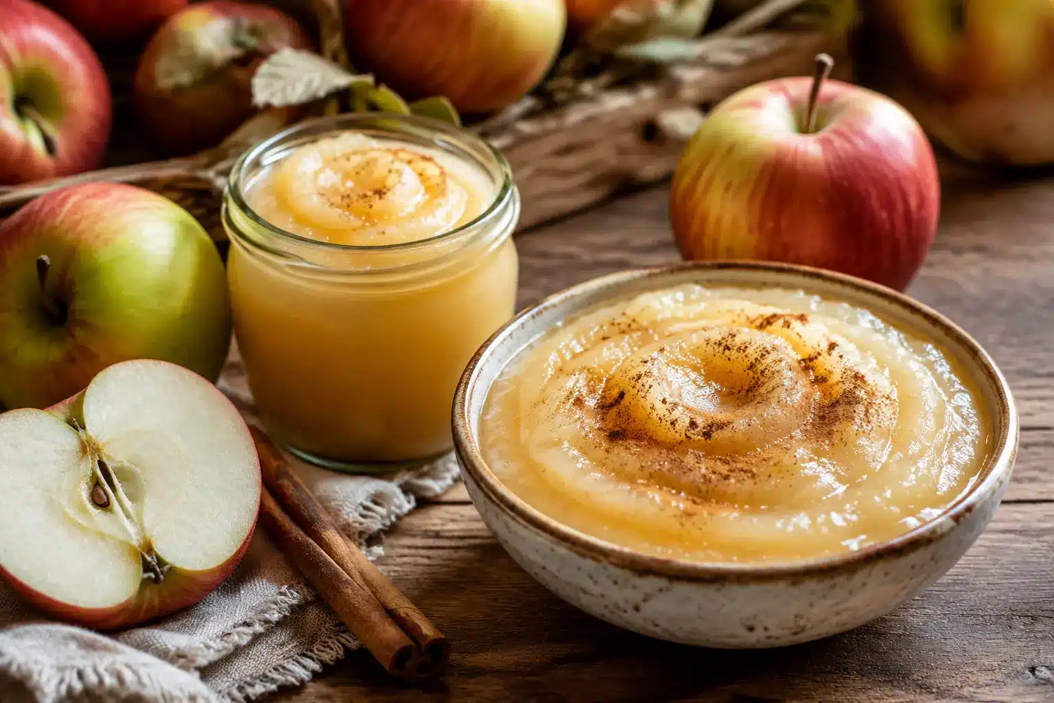 Selbstgemachtes glattes Apfelmus mit frischen Äpfeln und Zimt