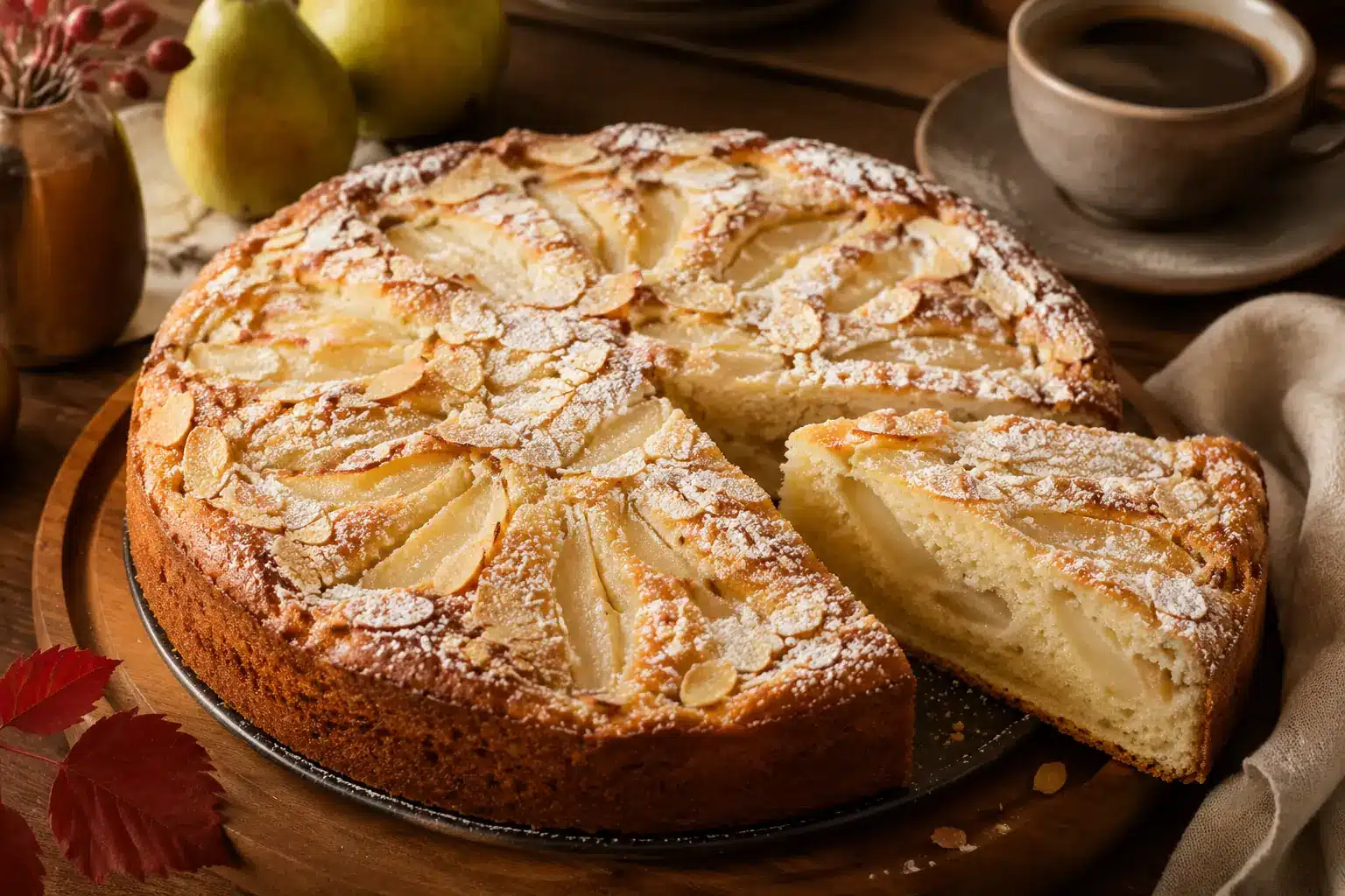 Saftiger Birnenkuchen mit Rührteig Birnen und gerösteten Mandelblättchen