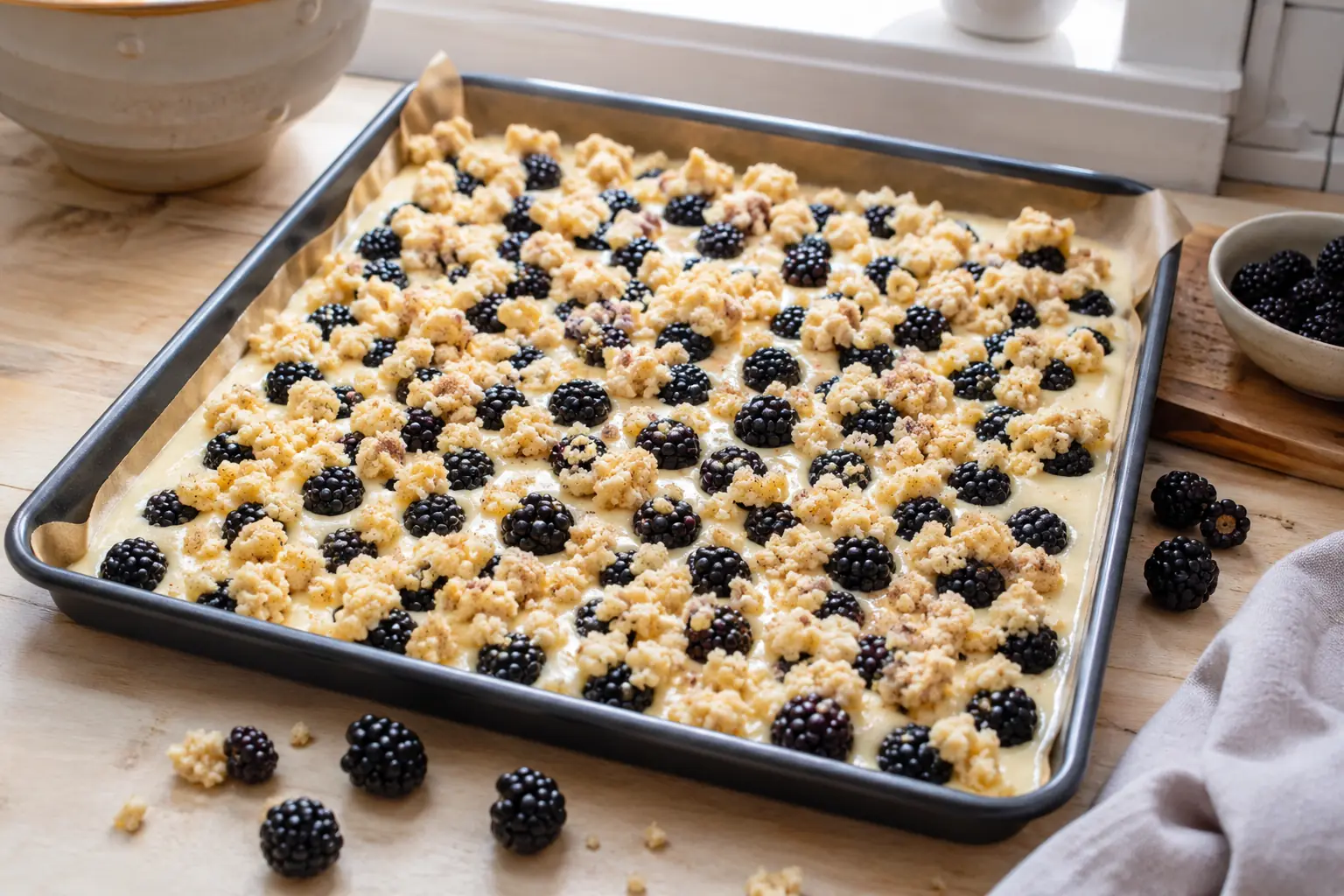 Brombeerkuchen mit Brombeeren und Streuseln vor dem Backen