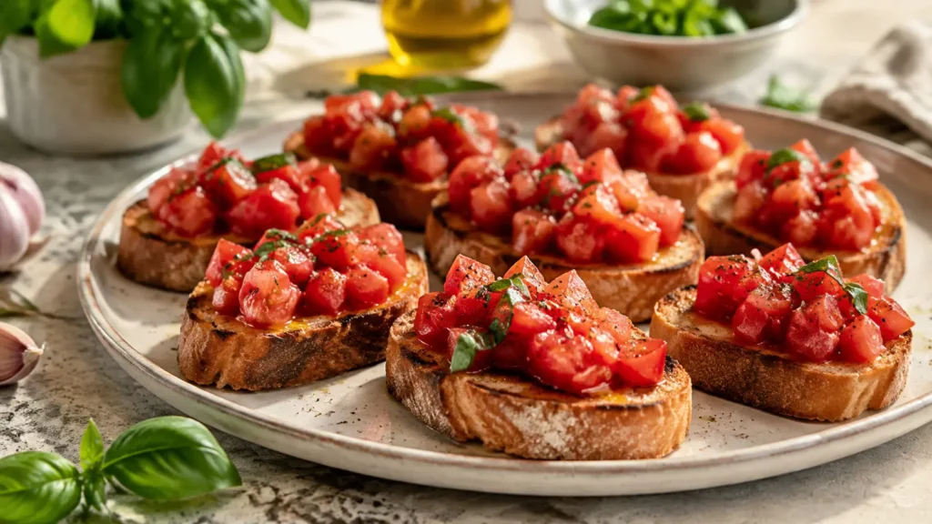 Knusprige Bruschetta mit Tomaten, Basilikum, Knoblauch und Olivenöl