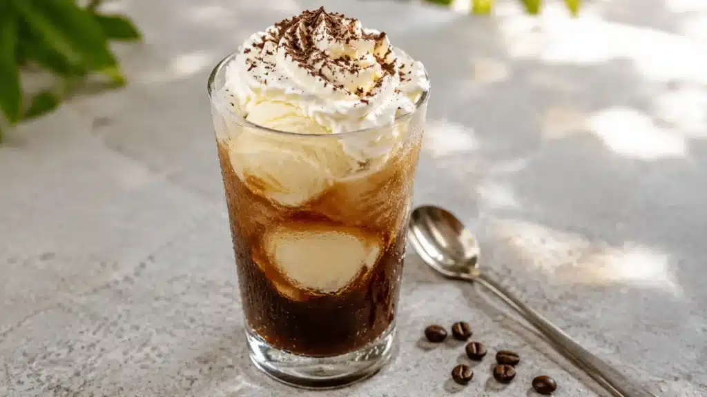 Klassischer deutscher Eiskaffee mit Vanilleeis, Sahne und Schokoladenraspeln