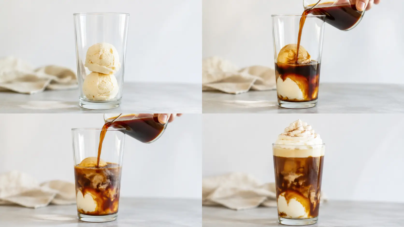 Kalter Kaffee wird langsam über Vanilleeis in ein hohes Glas gegossen