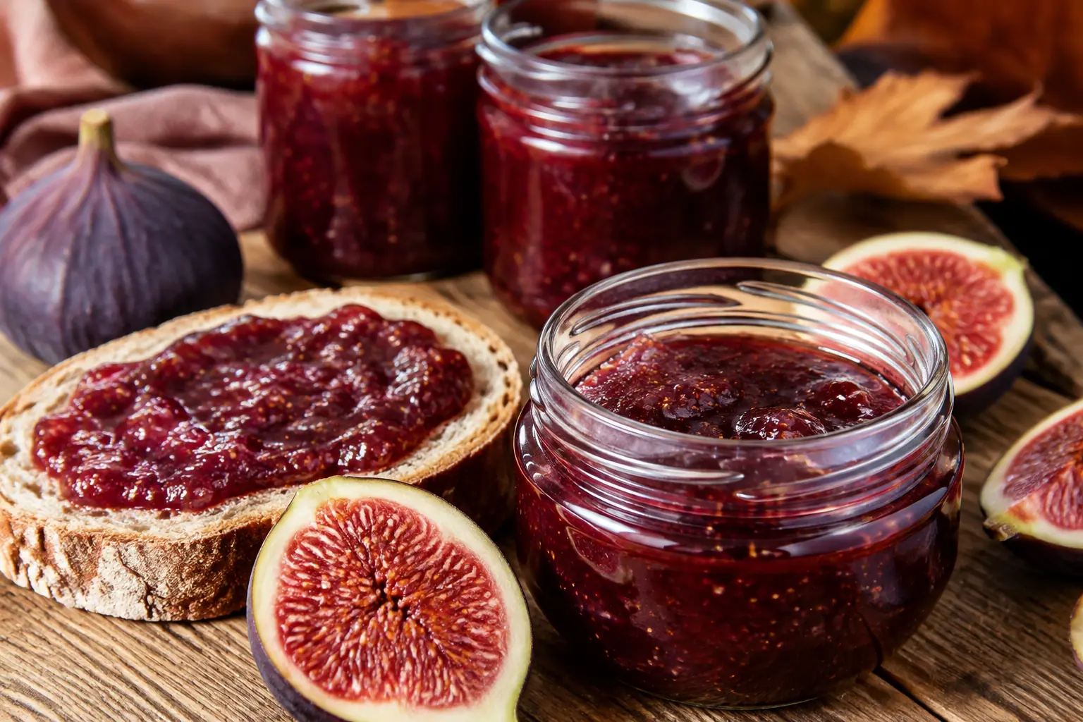Selbstgemachte Feigenmarmelade im Glas mit frischen reifen Feigen