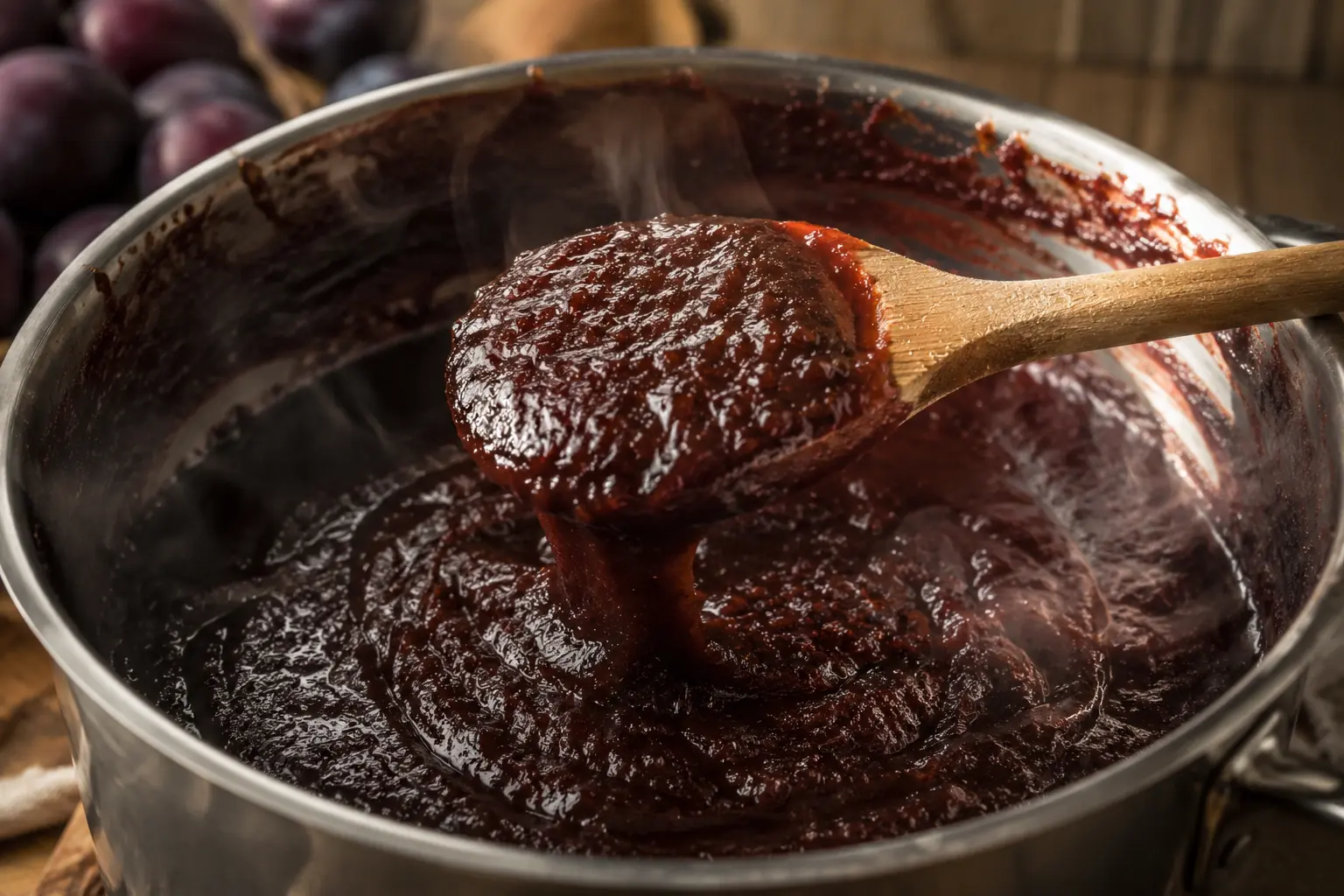 Fertiges Pflaumenmus mit dickflüssiger Konsistenz