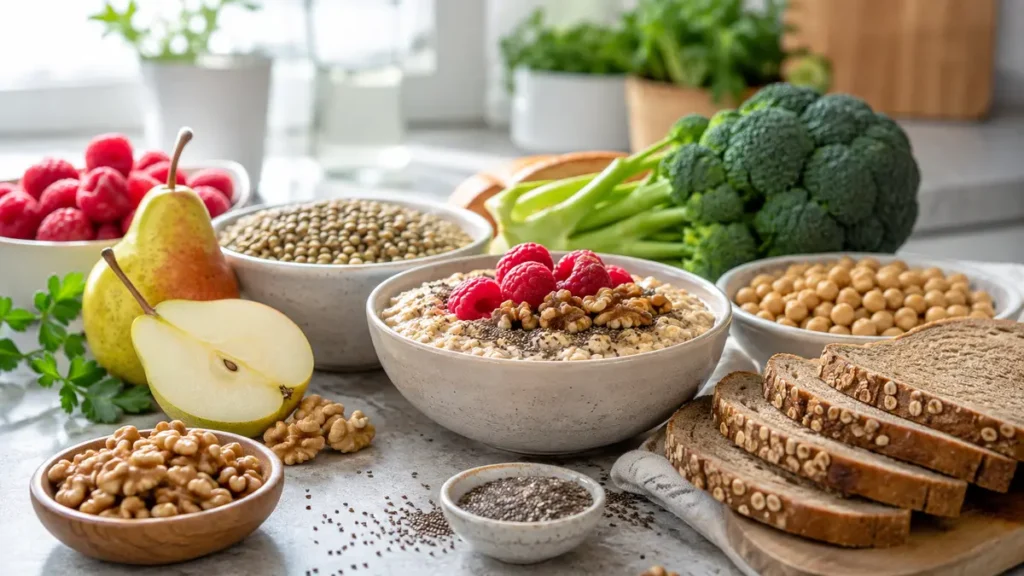 Haferflocken, Hülsenfrüchte, Beeren, Birnen, Brokkoli, Vollkornbrot, Walnüsse und Chiasamen