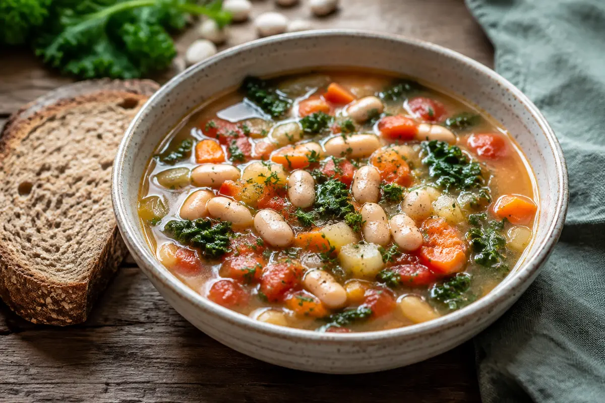 Ballaststoffreiche weiße Bohnensuppe mit Möhren, Tomaten, Grünkohl und Vollkornbrot