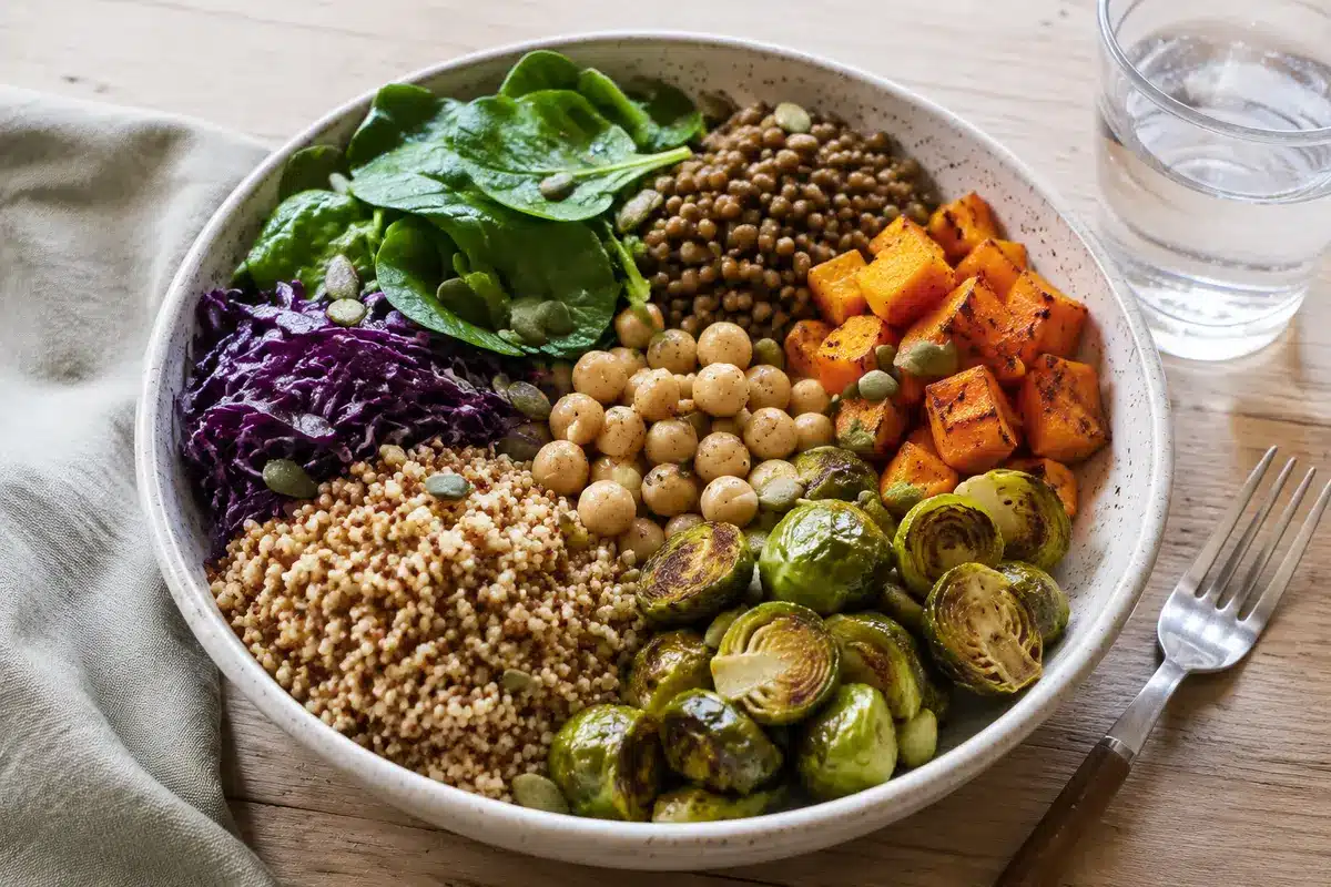 Bowl mit Linsen, Kichererbsen, Vollkorngetreide, Blattgemüse, Rotkohl und geröstetem Gemüse