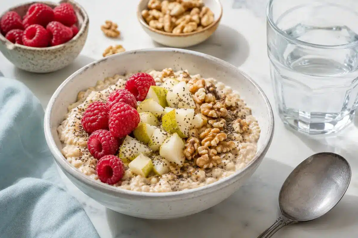 Haferbrei mit Himbeeren, Birne, Walnüssen und Chiasamen neben einem Glas Wasser