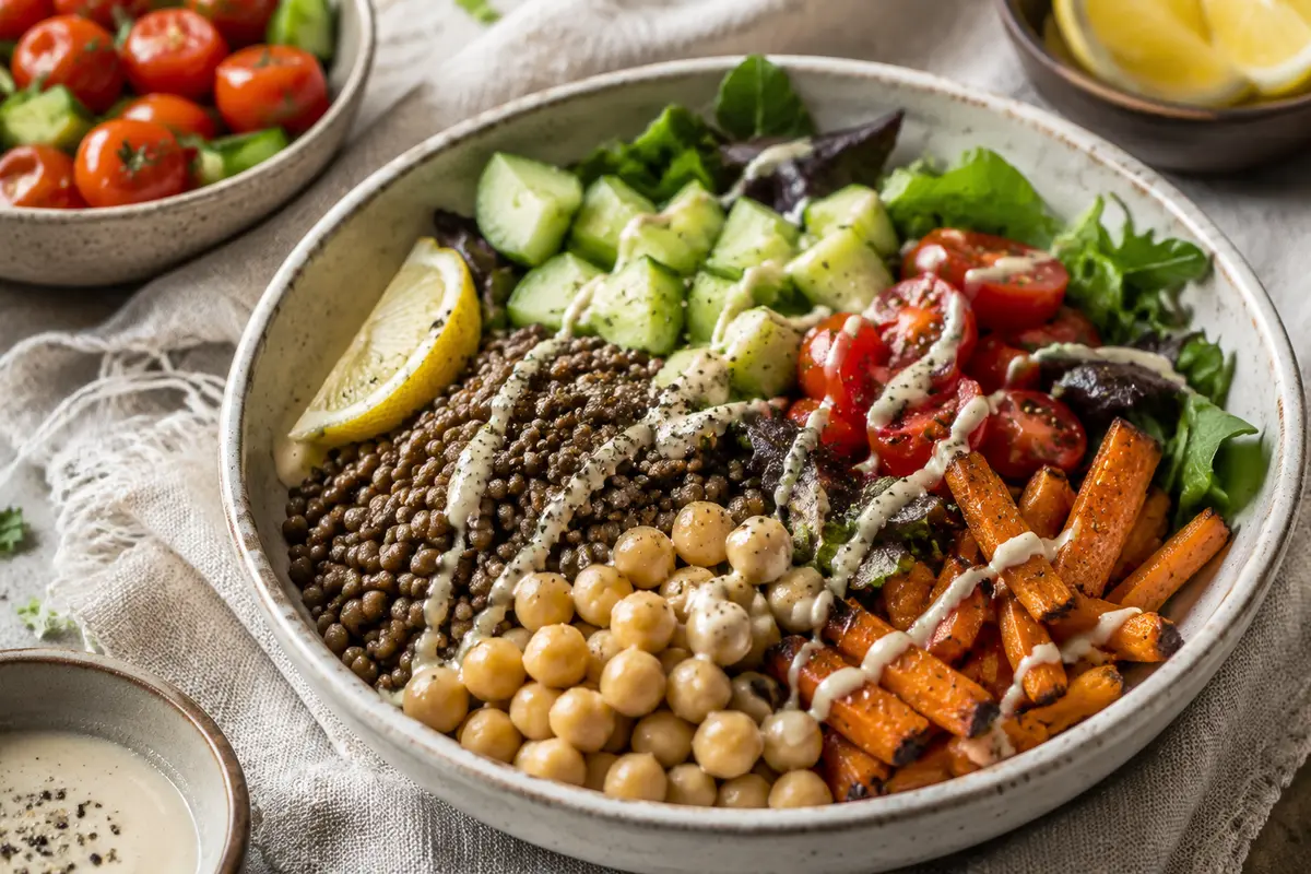 Bunte ballaststoffreiche Bowl mit Linsen, Kichererbsen, Gurke, Tomaten, Blattsalat und gerösteten Möhren