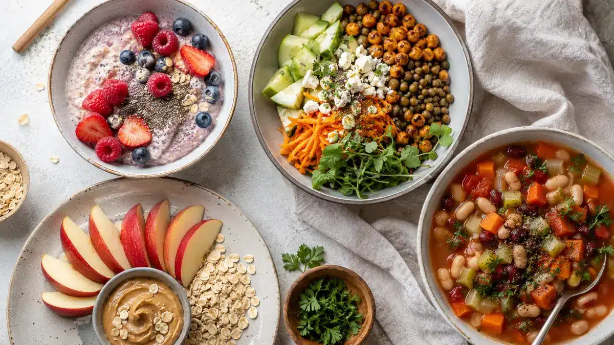 Vier ballaststoffreiche Gerichte mit Beeren-Haferflocken, Linsen-Kichererbsen-Bowl, Apfel-Nuss-Snack und Bohnensuppe