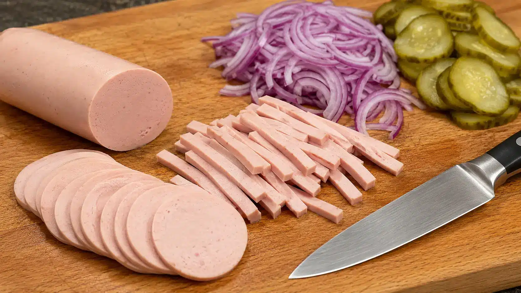 Dünn geschnittene Fleischwurststreifen, rote Zwiebelringe und Gewürzgurkenscheiben