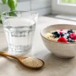 Flohsamenschalen auf einem Holzlöffel neben Wasser und einer Schale Haferbrei mit Beeren