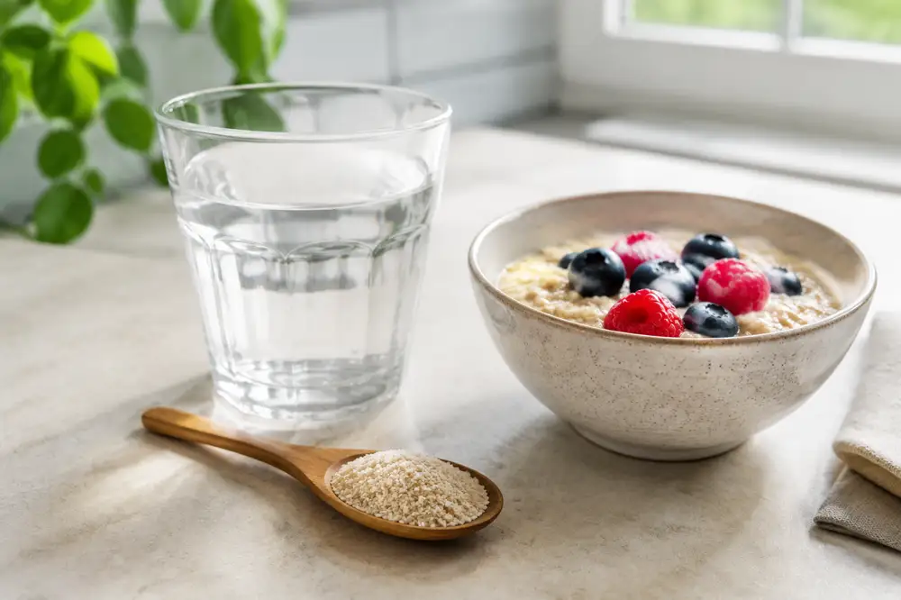 Flohsamenschalen auf einem Holzlöffel neben Wasser und einer Schale Haferbrei mit Beeren
