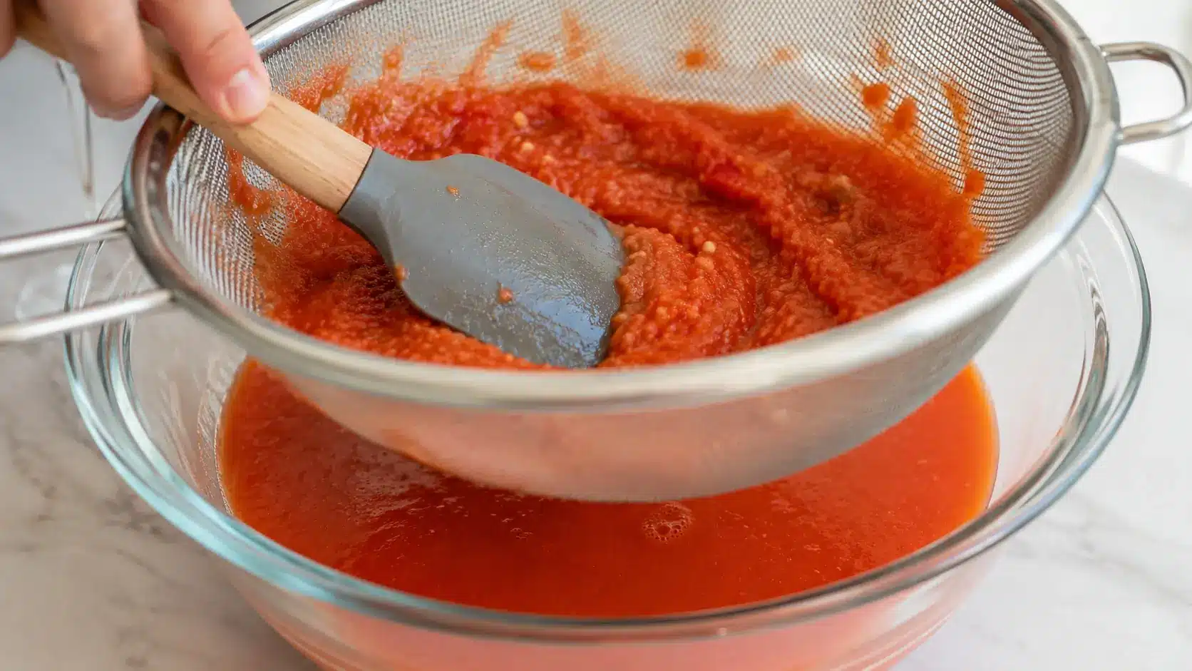 Pürierte Gazpacho wird durch ein feines Küchensieb gestrichen